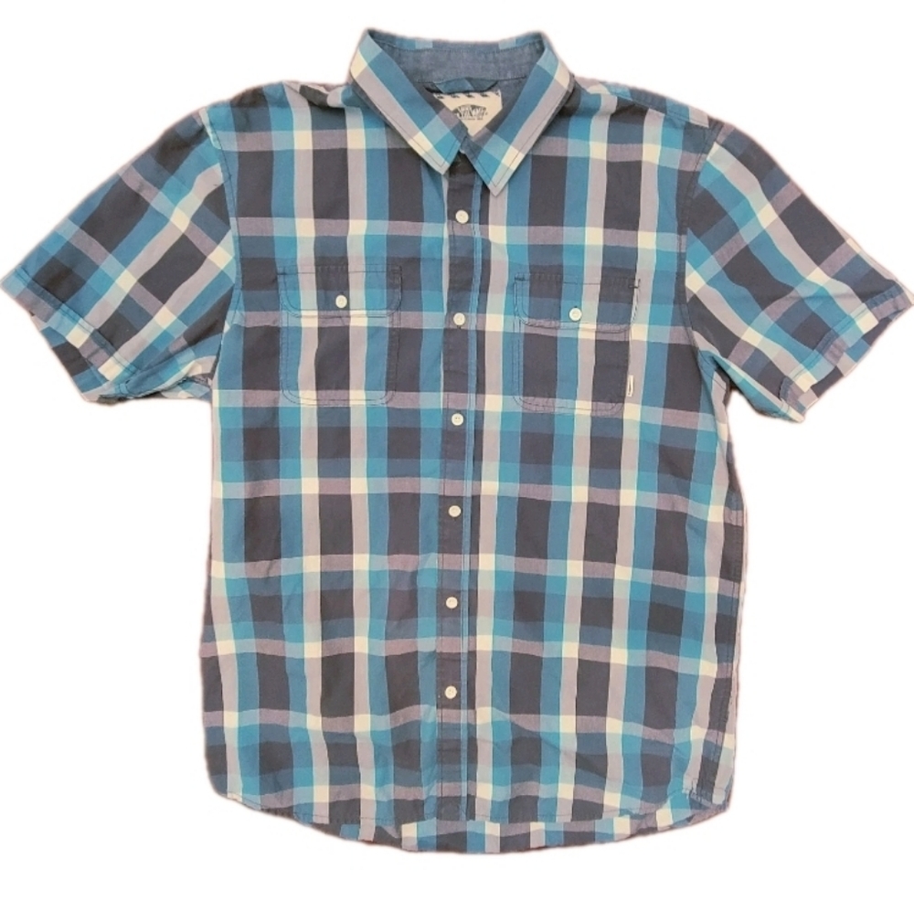 Vans Men's Vintage Off The Wall Plaid Button Down Blue Black and Gray Large